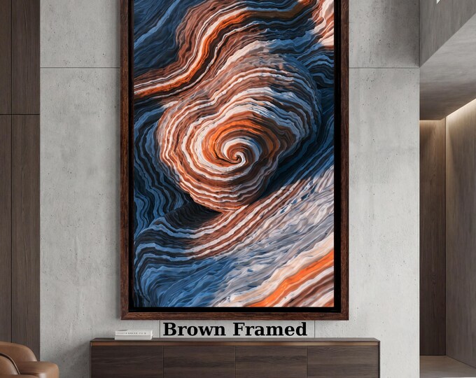 Abstract Swirl Rock Formation Canvas Art, Blue Orange Geological Wall Decor, Tall Vertical Mural