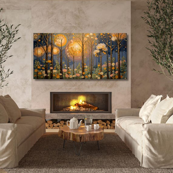 Moonlit Forest Canvas Art: Wildflower Painting, Vintage Style