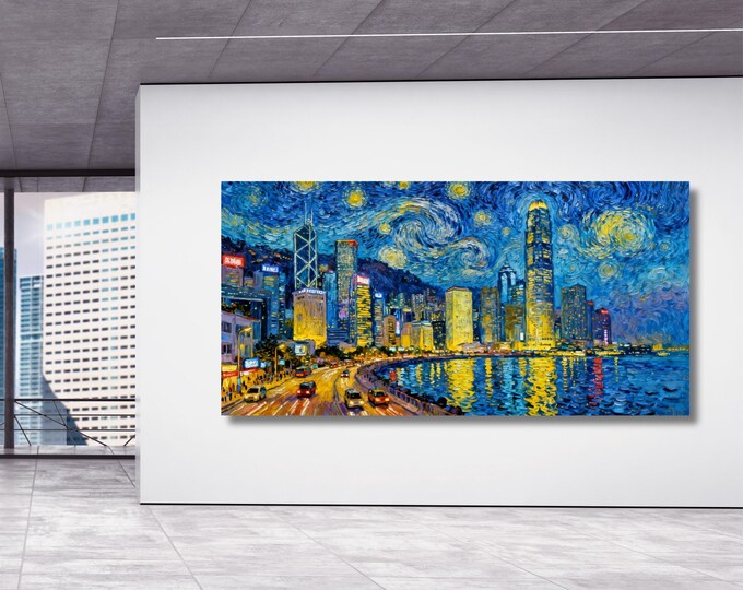 Hong Kong Night Canvas, Van Gogh Style Starry Sky (Ready to Hang)
