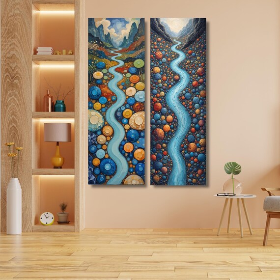 Set of 2 Long Narrow Wall Art,Smoky Mountains Painting, Spring Flowers Canvas, Landscape Wall Art Print, Nature Home Decor, Wall Hangings