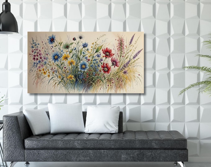 Watercolor Floral Framed Canvas Wall Art Landscape Elegant Natural Wall Art Beautiful Wildflowers, Wild Flower Art,Rustic Farmhouse Decor