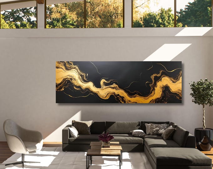 Panoramic Abstract Canvas Wall Art, White Yellow Blue Marble Decor