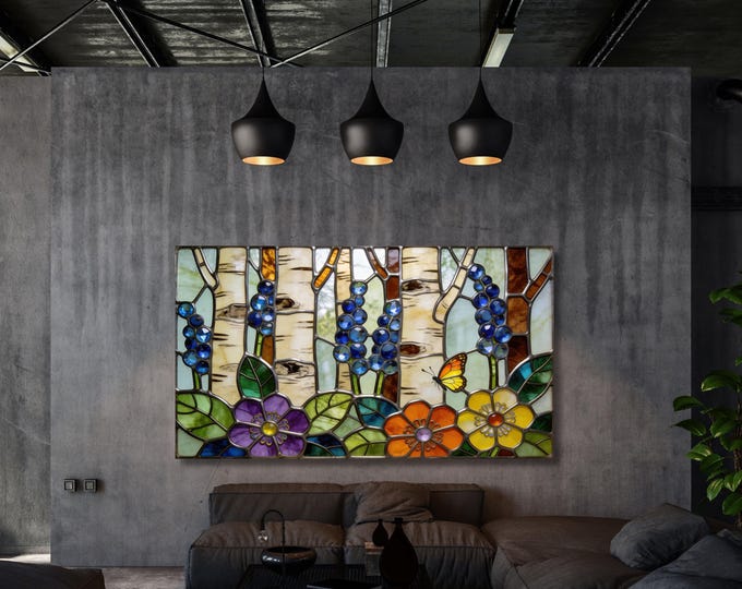 Floral Birch Forest Canvas Art, Faux Stained Glass Nature Print (Digital Download)