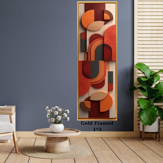 Terracotta Geometric Abstract Canvas, Textured Relief Style Wall Art, Gold Framed Modern Mid Century Poster, Warm Earth Tones Decor