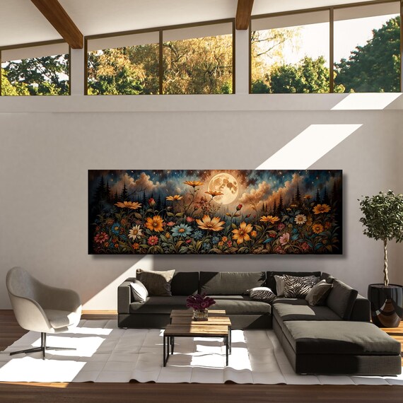 Full Moon Wildflower Canvas, Flower Garden Flower Market canvas, Moonlit Pine Tree Forest wall Art, Rustic Mountain Art, Woodland Klimt Gift