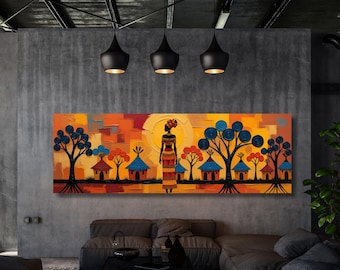 African Village Scene Canvas Wall Art, Cultural Afrocentric Home Decor