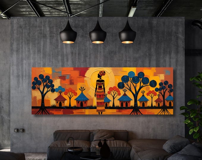 African Village Scene Canvas Wall Art, Cultural Afrocentric Home Decor