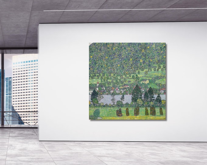 Klimt Lake Village Print Green Hills Landscape Pointillism Living Room Decor