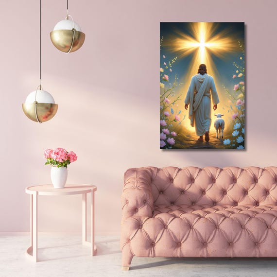 Jesus Shepherd Walking Modern religious wall art Gift Trendy  Living Room Home Decor Christian Print Christ Portrait Canvas Lamb Jesus Art