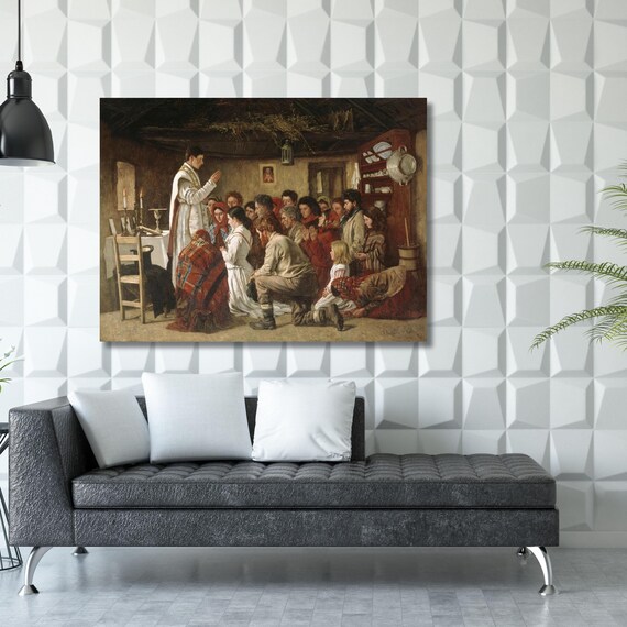 Mass in a Connemara Cabin Canvas, Aloysius O'Kelly Poster, Fine Catholic Art, Giclee Wall Art, Religious Decor, Catholic Gifts, Reproduction