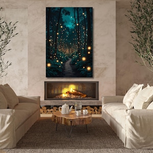 Twilight Forest Canvas Wall Art Enchanted Path Print with Glowing Fireflies Mystical Woodland Scene for Bedroom or Living Room Wall Decor