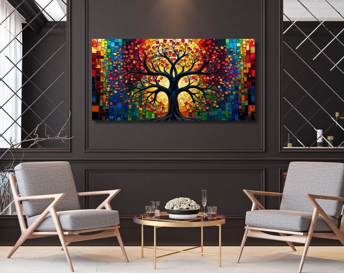 Mosaic Stained Glass Effect Tree of Life Canvas Wall Art Yggdrasil Painting,Mosaic Canvas Poster,Gustav Klimt Style Poster,Klimt Exhibition