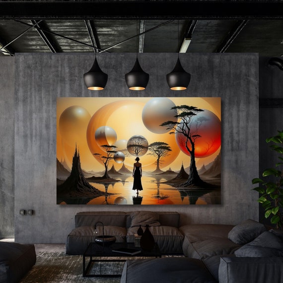 Minimalist Silhouette Sunset Canvas Wall Art, Abstract Dreamscape Wall Art,Surreal African Landscape, Contemporary Nature African Decor Gift