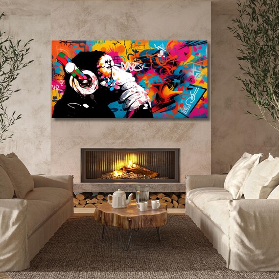 Banksy DJ Monkey Canvas Wall Art Banksy Thinking Monkey Music Thinker Graffiti Wall Art Extra Large Wall Art Gorilla Chimp Ready to Hang