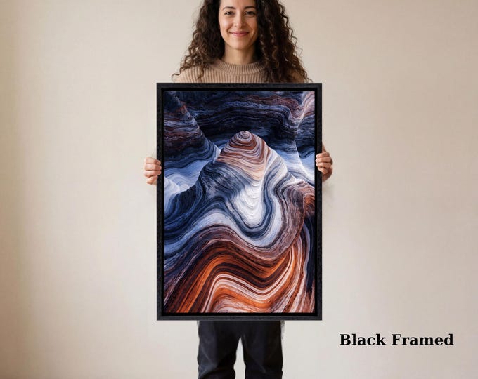 Abstract Swirl Rock Canvas Art, Blue Orange Geological Wall Decor, Vertical Canyon Texture Mural