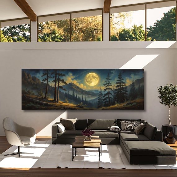 Night Moody Wild Flowers Canvas, Framed Canvas Print, Above Bed Art, Dark Floral Paintingt,Boho Minimal Panoramic Thought Provoking Wall Art