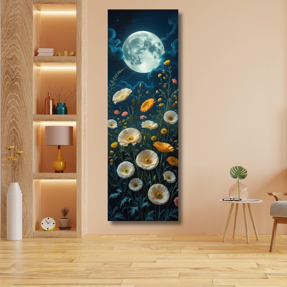 Klimt Style Full Moon Wildflower Canvas Art: Rustic Mountain Print