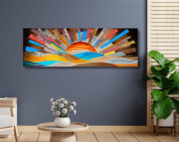 Sunrise Wood Look Canvas Wall Art – Rustic Above Bed Decor Sunlight Print