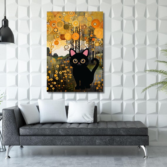 Gustav Klimt Black Cat Canvas Art,Art Nouveau Floral Garden Print, Famous Painting Reproduction, Vintage Feline Artwork, Cat Lover Gift Idea