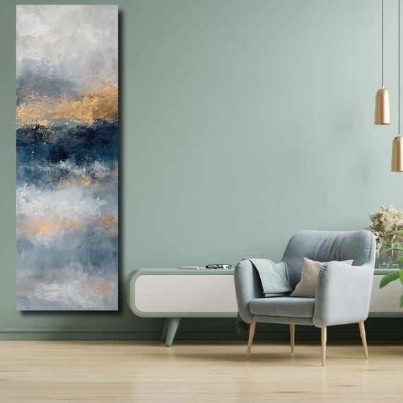 Blue Gold Abstract Tall Narrow Canvas, Botanical Nature Wall Art, Rustic Floral Vertical Print for Hallway or Bedroom art gift Minimal print