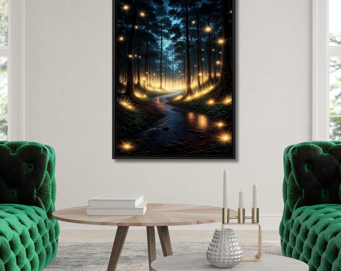 Forest Fireflies Canvas Art, Magical Illuminated Fantasy Painting
