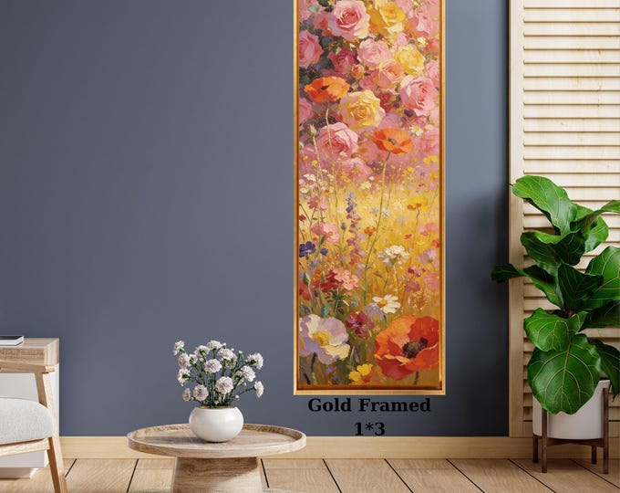 Klimt Style Sunflower Wildflower Garden Tall Narrow Canvas, Botanical Nature Wall Art, Rustic Floral Vertical Print for Hallway or Bedroom