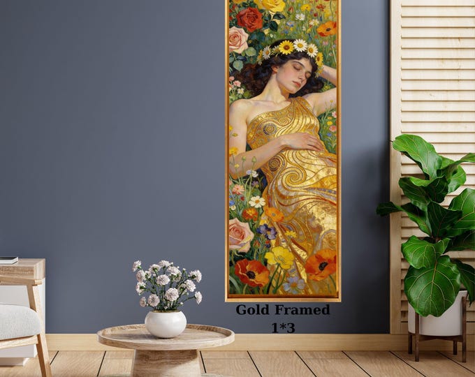 Klimt style Sleeping Woman in a wildflowers Narrow Canvas Print, Tall Vertical Wall Art