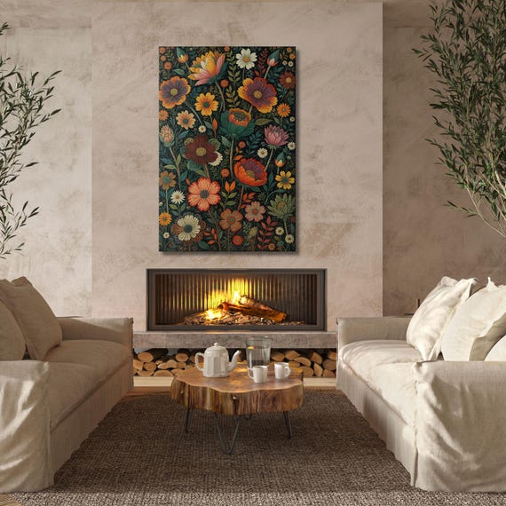 Botanical Colorful Wildflower Field Canvas Wall Art, Vintage Dark Green Wildflowers Print, Wildflower Wall Art,Modern Farmhouse Canvas decor