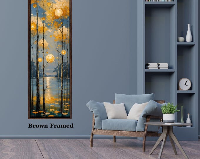 Tall Vertical Nature Canvas Print, Modern Sun Tree Mountain Wall Art (Brown Framed)