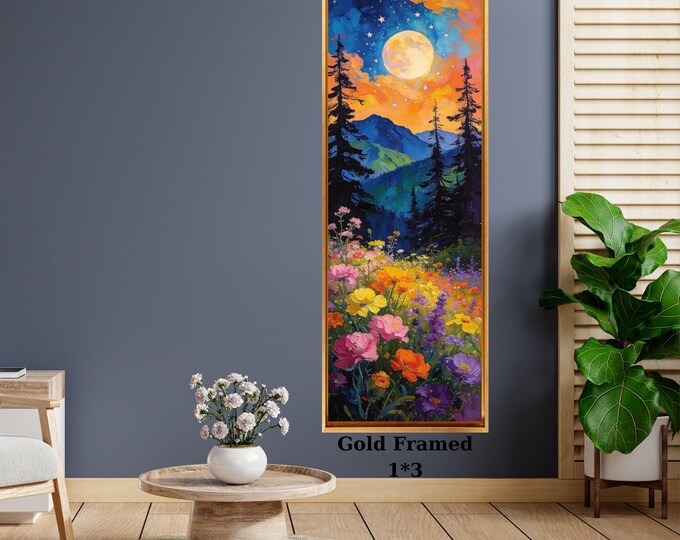 Boho Mountain Landscape Canvas Art, Japanese Style Mid Century Modern Wall Decor