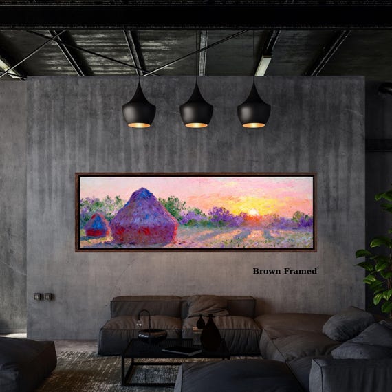 Panoramic Impressionist Haystacks Sunset Canvas Wall Art – Colorful Rural Landscape Oil Painting