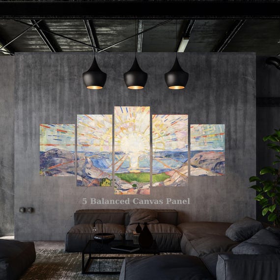 Edvard Munch The Sun (Solen) Canvas Wall Art, 5 Piece Multi Panel Sun Painting, Expressionist Landscape Mural, Modern Gallery Art Set