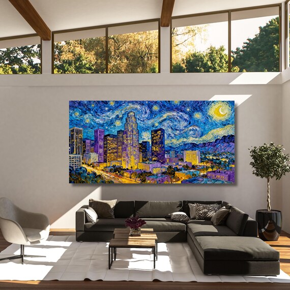 Los Angeles at Night in the Style of Van Gogh – Starry Night Inspired Canvas Wall Art Ready to Hang/ poster City Night Wall Art