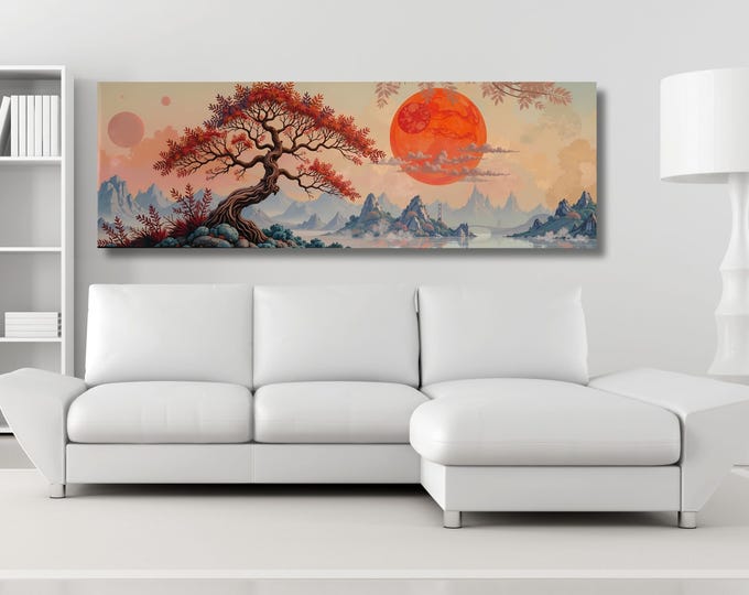 Panoramic Japanese Maple Tree Sunset Canvas Art: Vintage Rothko Inspired Print