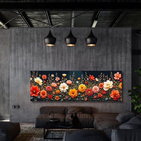 Botanical Garden Wildflowers Pattern Canvas Wall Art Botanical Ready to Hang Horizontal Decor Extra Large Wall Art Framed Art Home Poster