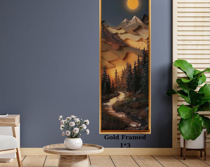 Moonlit Mountain Canvas Print, Golden River, Framed Nature Art