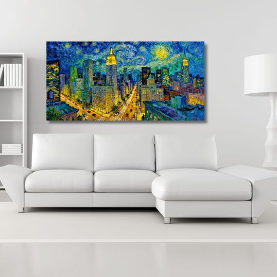 New York at Night in the Style of Van Gogh – Starry Night Inspired Canvas Wall Art Ready to Hang/ poster City Night Wall Art