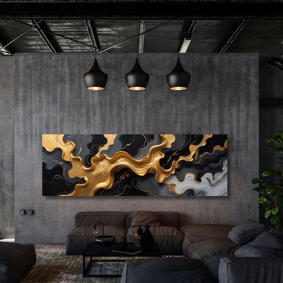 Panoramic Black and Gold Marble Wall Decor Abstract Canvas Wall Art,Marble Gold Art,Minimalist Art Marble Art,Vintage Art,Marble Gift art