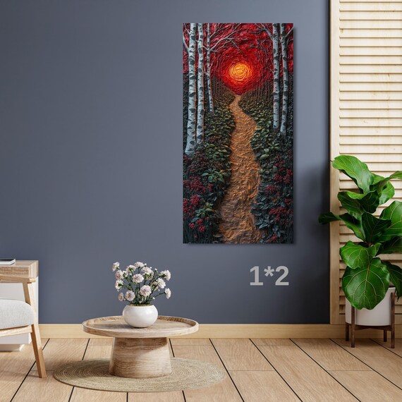 Long Narrow Canvas Wall Art Red Sunset Forest Path Canvas Wall Art – Abstract Nature Landscape Modern Decor