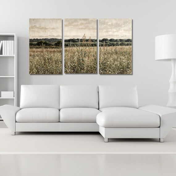 Set of 3 Muted Vintage Wildflowers Field Canvas Wall Art  Wildflowers Painting, Panoramic Rustic Wall Decor for Above the Bed Bedroom gift
