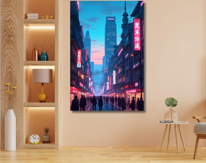 Neon Tokyo Canvas Art, Japanese City Print, Vaporwave Wall Decor