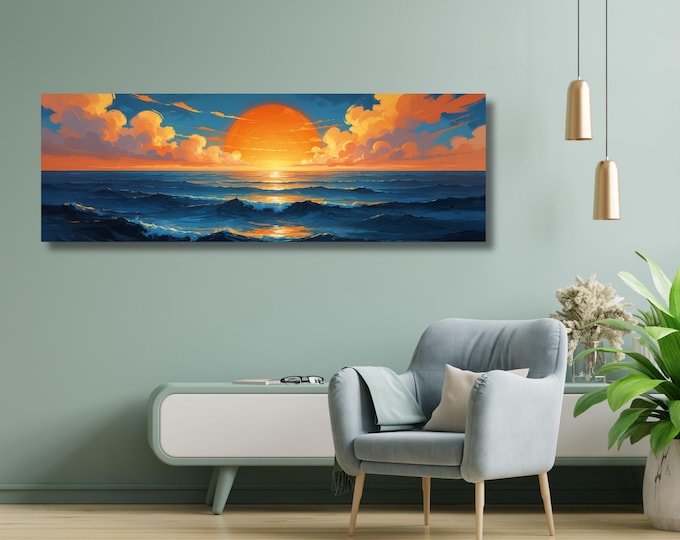Sunset Panoramic Wall Art,Warm Sun Canvas Print,Minimalist Sunset Wall Decor,Boho Landscape Canvas, Nature Sun Art for Living Room Wall art