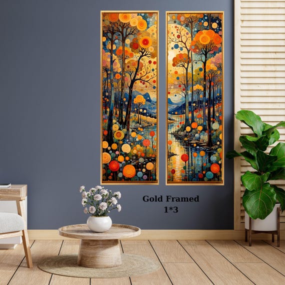 Set of 2 Tall Narrow Birch Wildflower Field Klimt Canvas – Long Vertical Forest Wall Art Decor