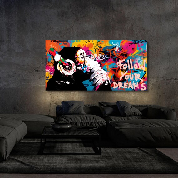 Banksy DJ Monkey Canvas Wall Art Banksy Thinking Monkey Music Thinker Graffiti Wall Art Extra Large Wall Art Gorilla Chimp Ready to Hang