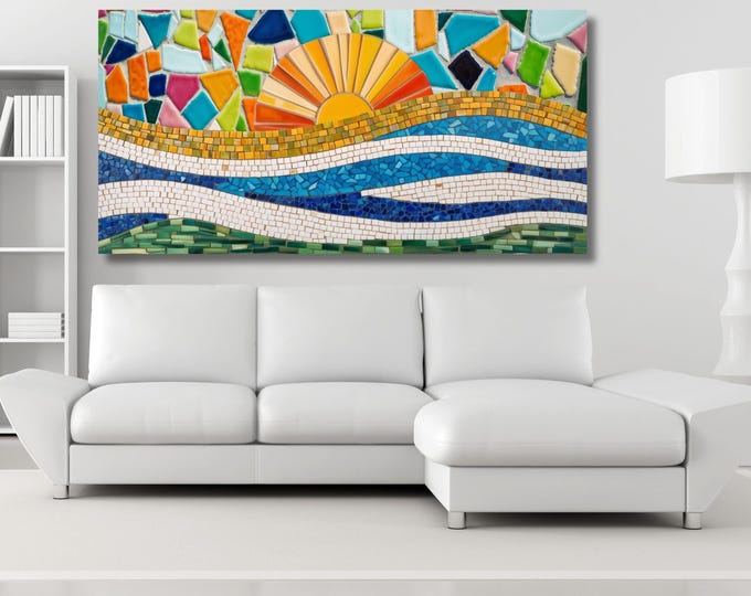Mosaic Sunrise Wall Art, Panoramic Sunset Canvas, Bedroom Decor (Digital Download)
