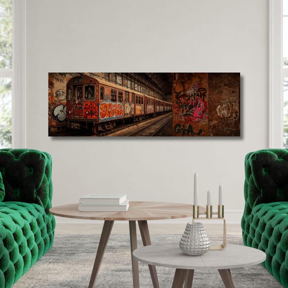 Panoramic Graffiti Subway Train Canvas Print, Urban Street Art Wall Decor, Industrial NYC Pop Art, Modern Graffiti Wall Art Canvas Banksy