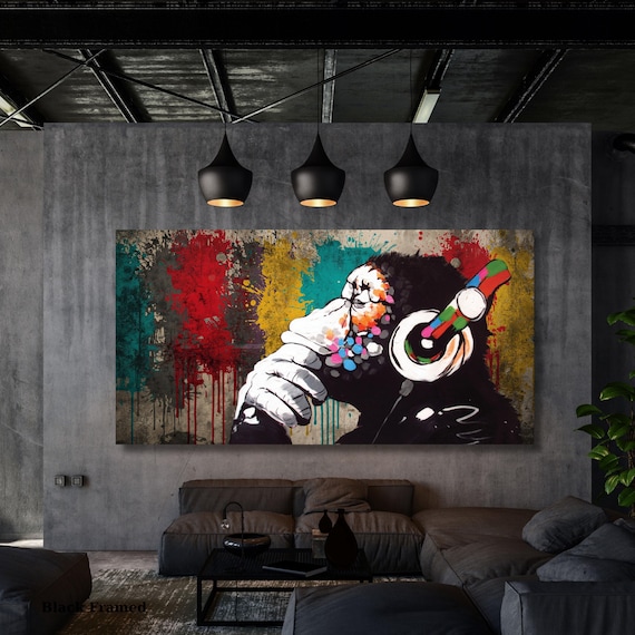 Banksy DJ Monkey Canvas Wall Art Banksy Thinking Monkey Music Thinker Graffiti Wall Art Extra Large Wall Art Gorilla Chimp Ready to Hang