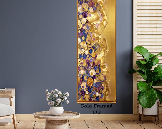 Vertical Gold Framed Canvas Art, Abstract Circles Nature Print, Tall Modern Wall Decor