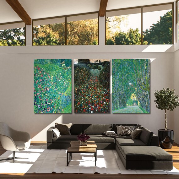 Set of 3 Gustav Klimt Landscape Wildflower Canvas Wall Art Klimt Large Wall Art,Vintage Art,Green Art, Gift,Wall Decor Poppy Fields Print,