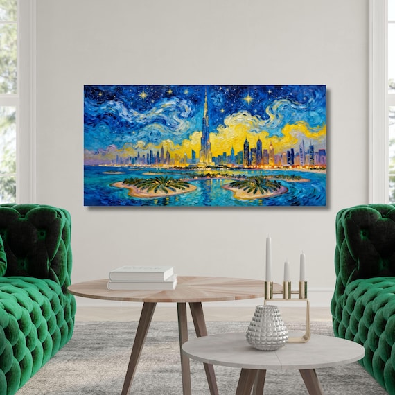 Dubai in the Style of Van Gogh – Starry Night Inspired Canvas Wall Art Ready to Hang/ poster City Night Wall Art